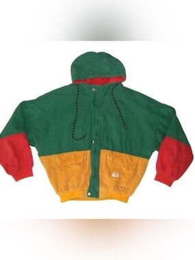 ZAFUL Colorblock Hooded Corduroy Jacket in Green, Red & Mustard XL